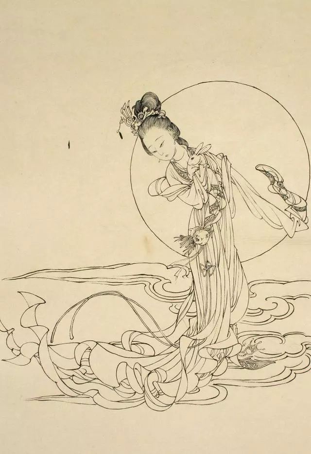 欣赏蔡岚工笔画仕女白描线稿太飘逸了
