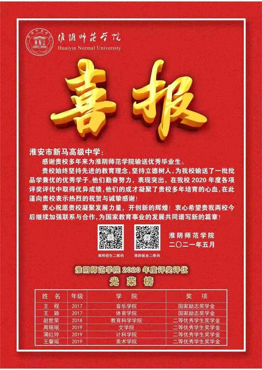 招生喜报|淮阴师范学院生源中学优秀学子光荣榜