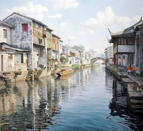 手绘水彩江南水乡风景江南水彩画图片大全