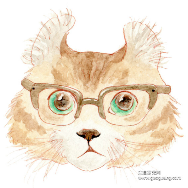 超可爱的水彩画猫咪图片,手绘戴眼镜的猫头像