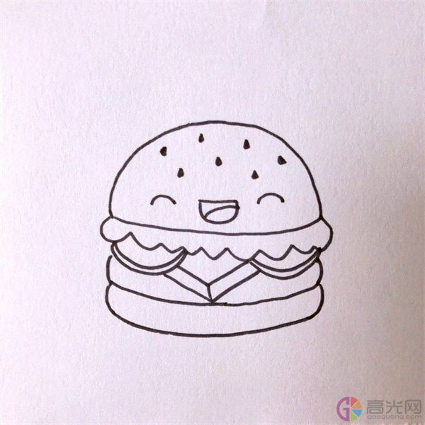 9, 最后给肉上色,这样汉堡简笔画就完成啦!(作者:猫咪domi)