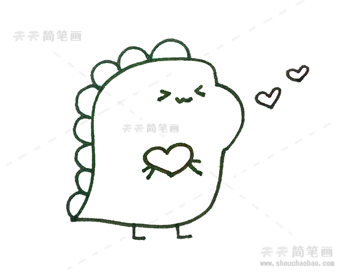 恐龙画上爱心,恐龙的右边画上小爱心,让画面更加丰富,这样恐龙简笔画