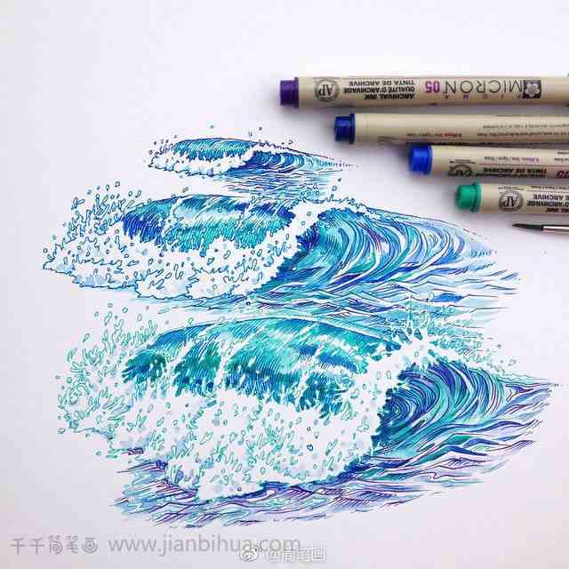 一组针管笔画的海浪海浪简笔画
