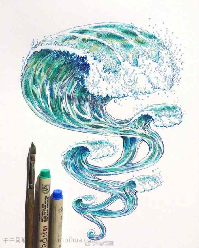 一组针管笔画的海浪海浪简笔画