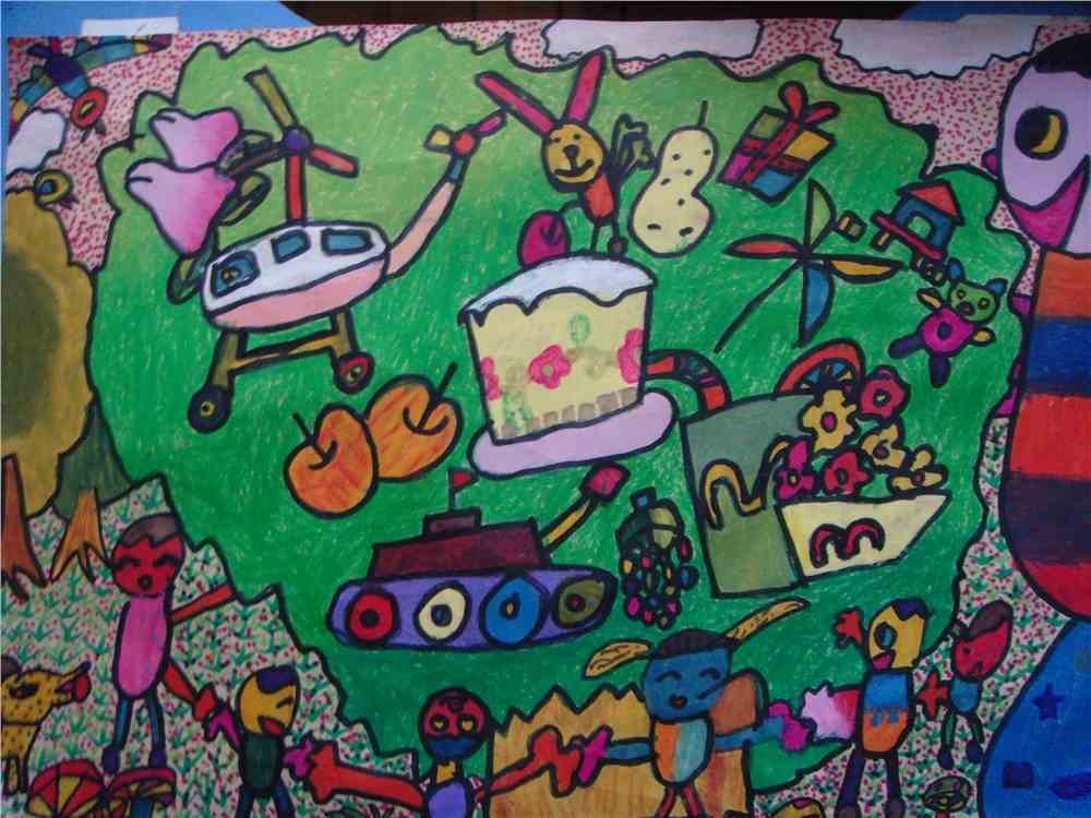 儿童画作品欣赏:油画棒画巨人的礼物