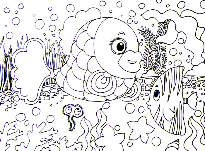 少儿线描画作品小鲤鱼水中游2