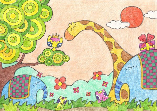 长颈鹿儿童画儿童蜡笔画