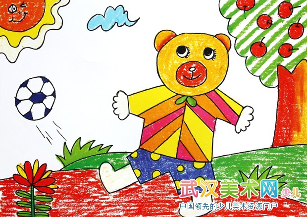 儿童绘画油画棒作品小熊踢足球3