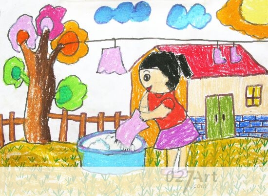 关于感恩节的儿童画作品-我帮妈妈洗衣服_节日儿童画