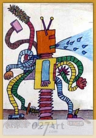 家务机器人儿童画蜡笔画作品