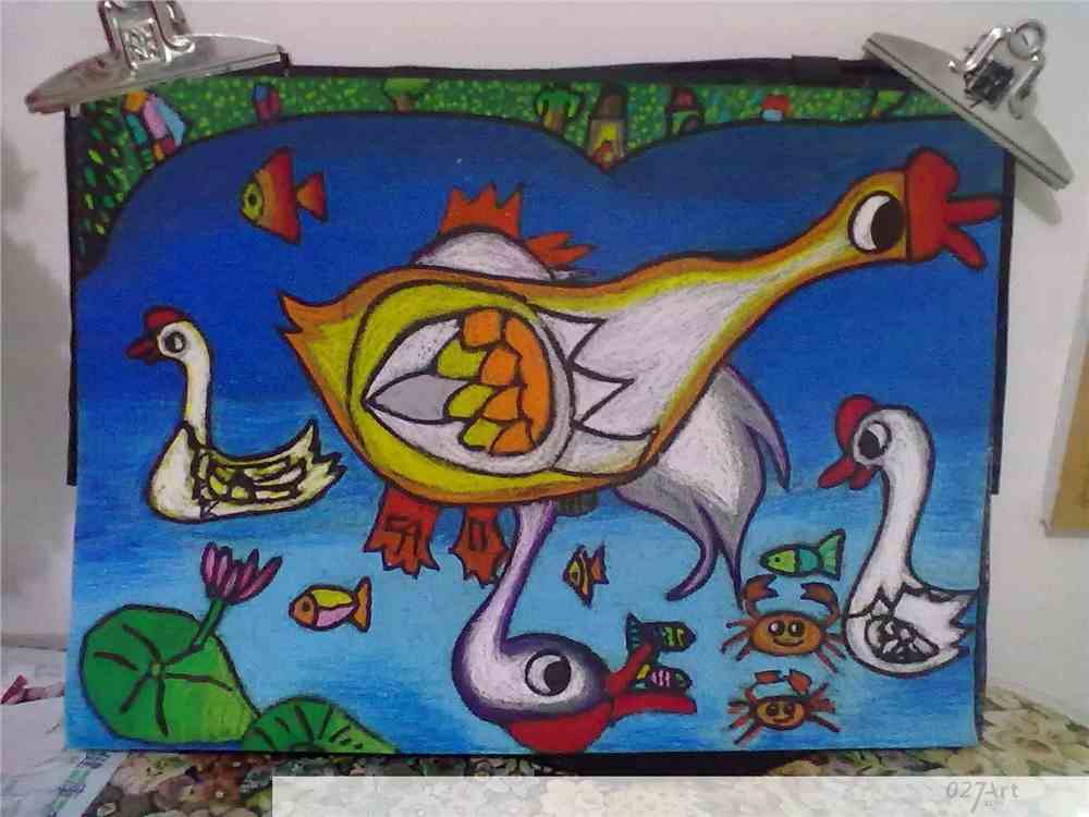 美丽的春天儿童画湖里的天鹅儿童画春天