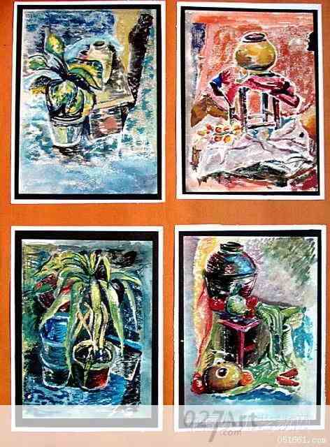 花卉组合儿童画版画作品