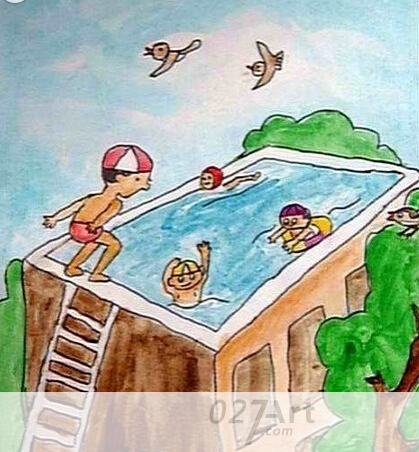 儿童水彩画作品欣赏楼顶游泳池水彩画
