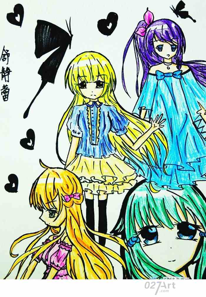 动漫可爱女生手绘漫画考级7级作品赏析【儿童水彩画】
