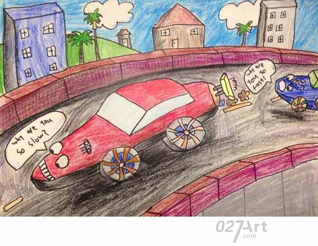 马路上的小汽车交通工具绘画作品儿童蜡笔画图片大全