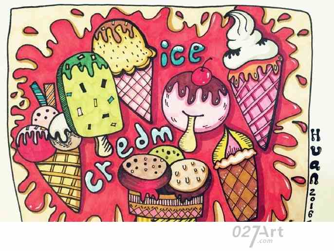 清凉的夏天儿童画之花样繁多的雪糕水彩画最新关于夏天的儿童画