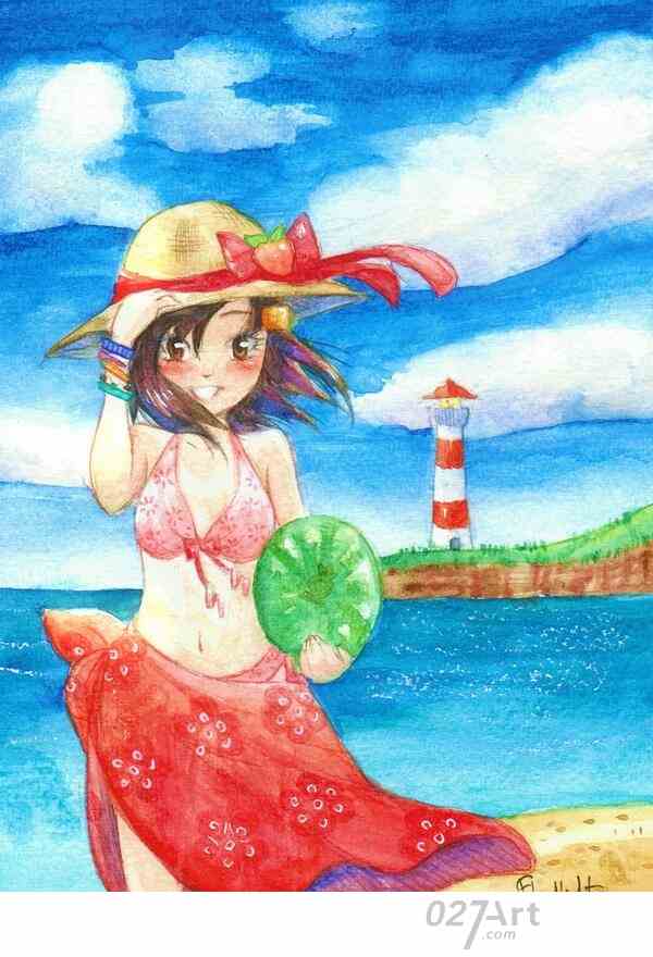 夏日里的女生有关夏天的主题画图片欣赏_水彩画【最新