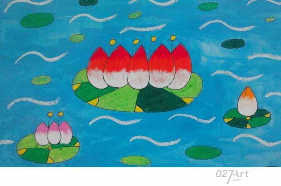 漂亮的荷塘夏天油画棒教师范画 — 儿童蜡笔画图片大全