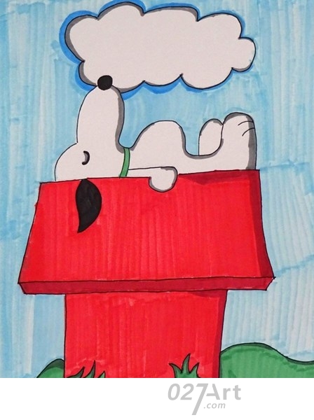 屋顶上的史努比卡通水彩笔画作品欣赏儿童水彩画