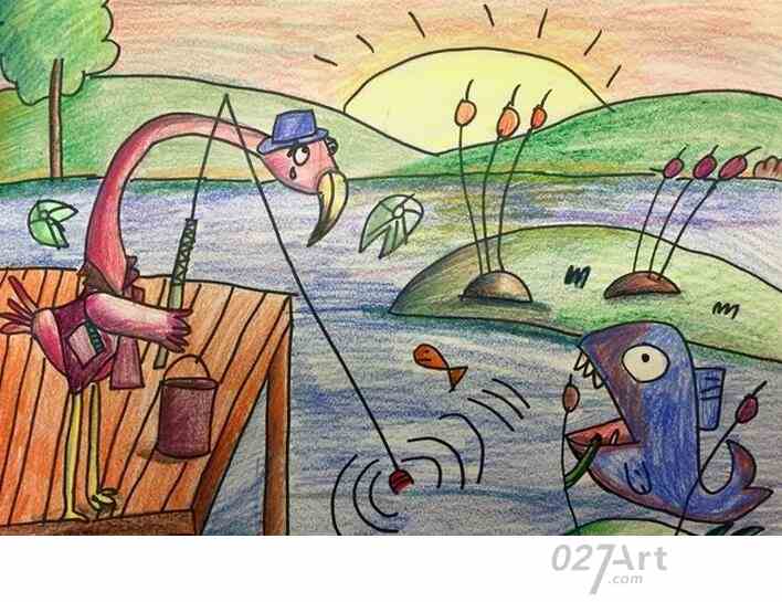 火烈鸟钓鱼有趣的动物场景画作品欣赏儿童蜡笔画图片大全