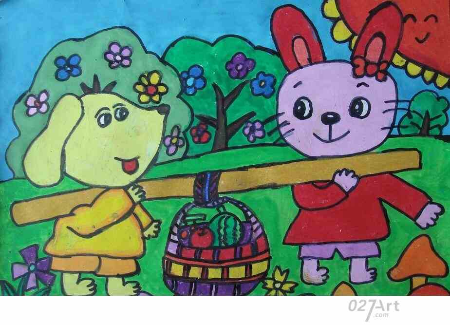 小狗和小兔子爱劳动主题绘画作品赏析 — 儿童蜡笔画图片大全