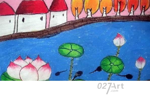夏天荷花儿童画荷花小景水彩画最新关于夏天的儿童画