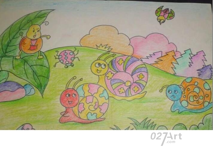 小蜗牛赛跑创意动物主题油画棒教师范画 — 儿童蜡笔画图片大全