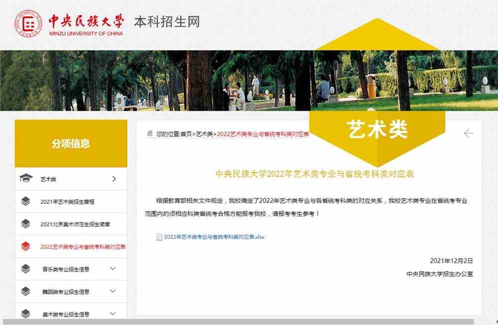 中央民族大学2023艺术类专业与省统考科类对应关系