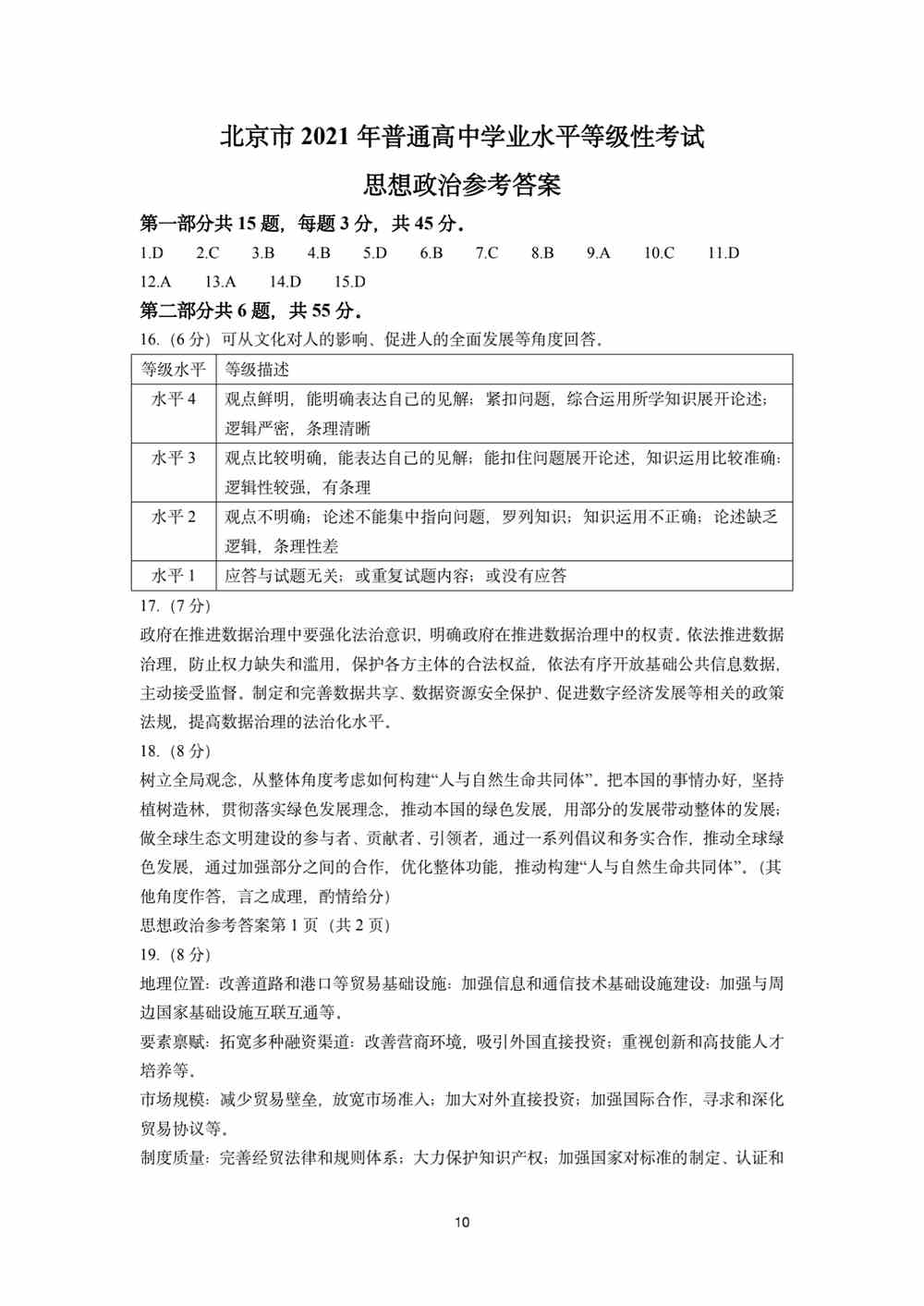 2021北京卷政治答案