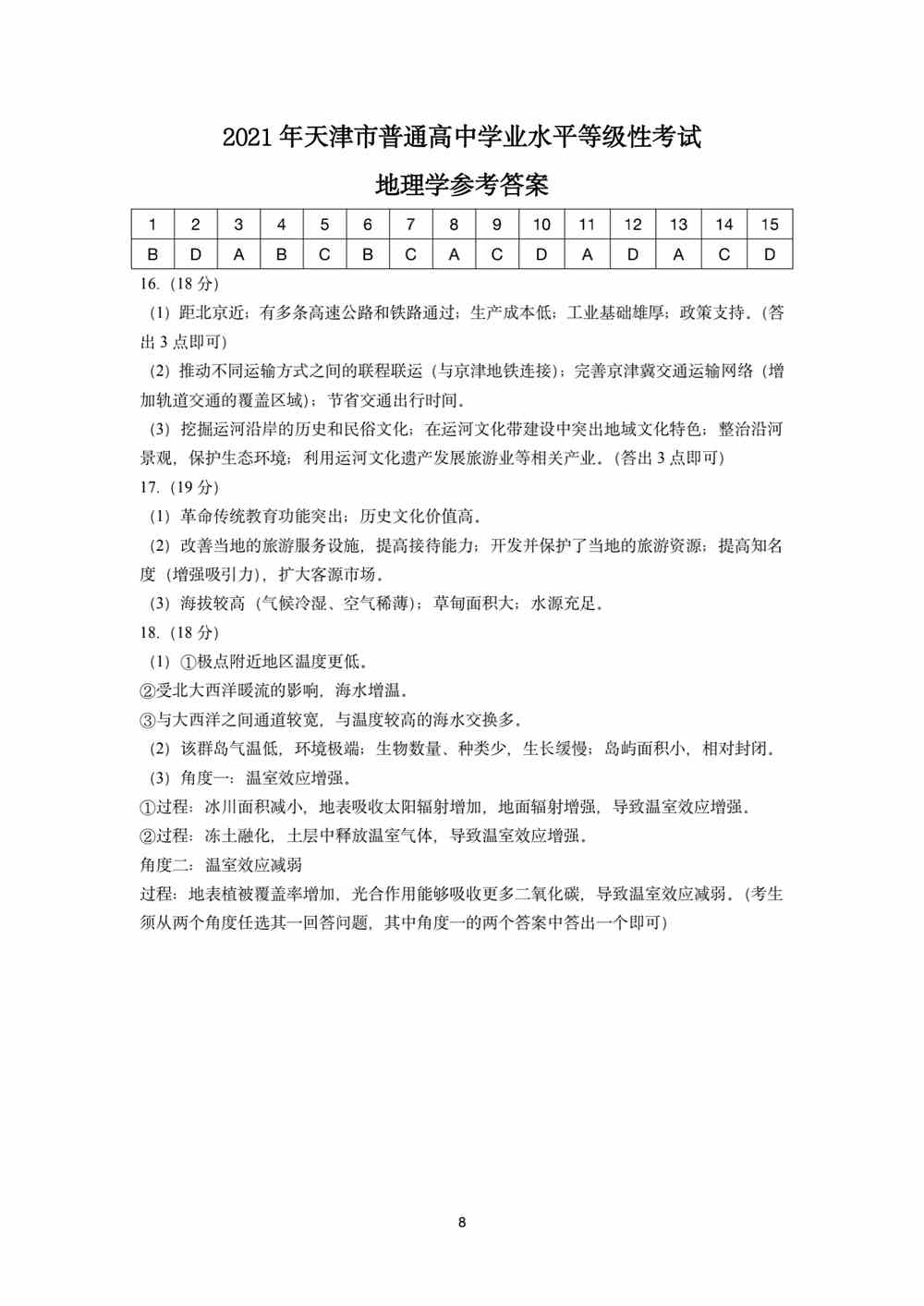 2021天津卷地理答案