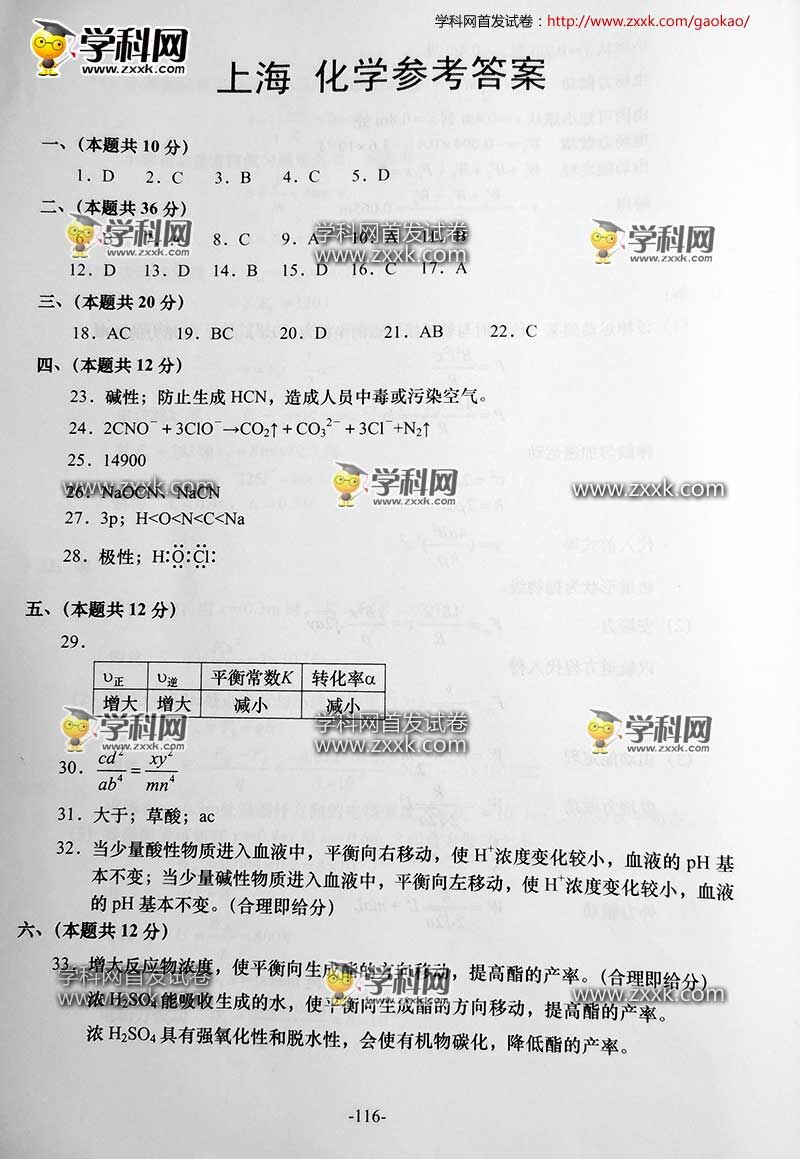 2016上海卷化学答案