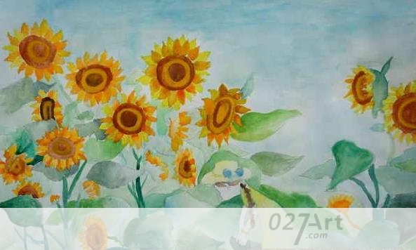 夏天创意向日葵儿童画向日葵的夏天水彩画