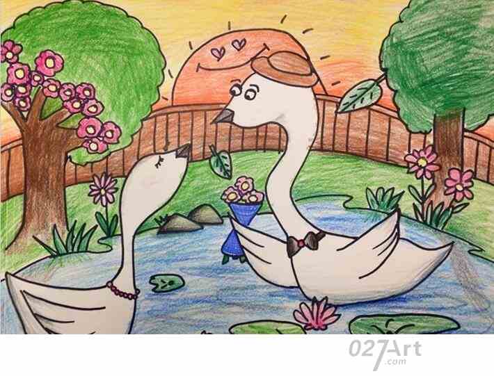 天鹅之恋创意动物画画作品欣赏儿童蜡笔画图片大全