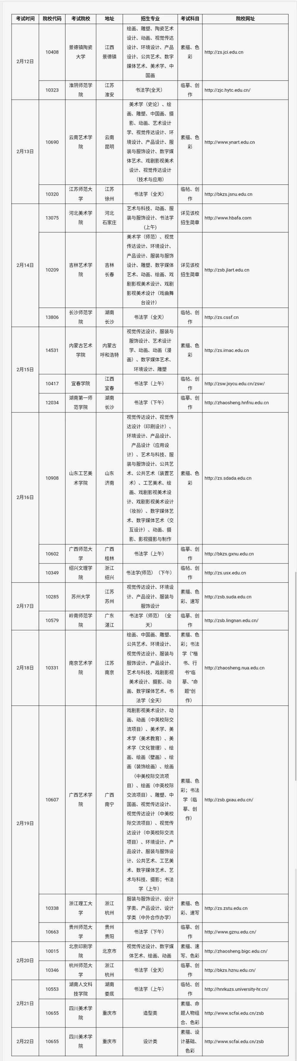 艺术类专业考试(太原师范学院考点)日程安排