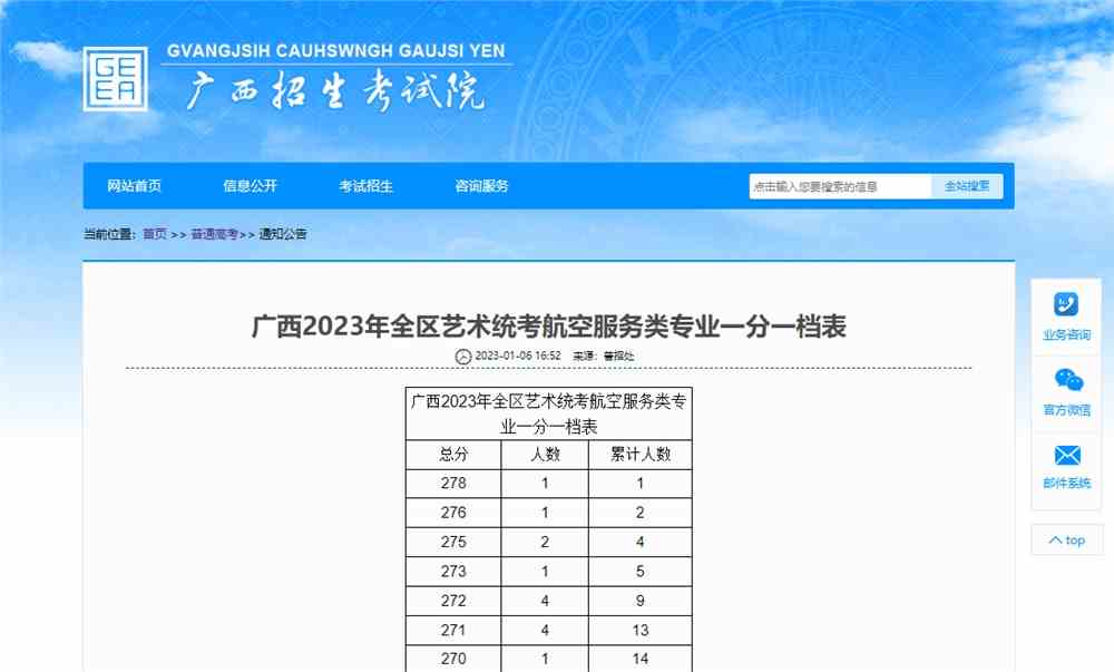 2023届广西航空服务统考成绩一分一段表,2023航空服务一分一段表,广西航空服务统考成绩