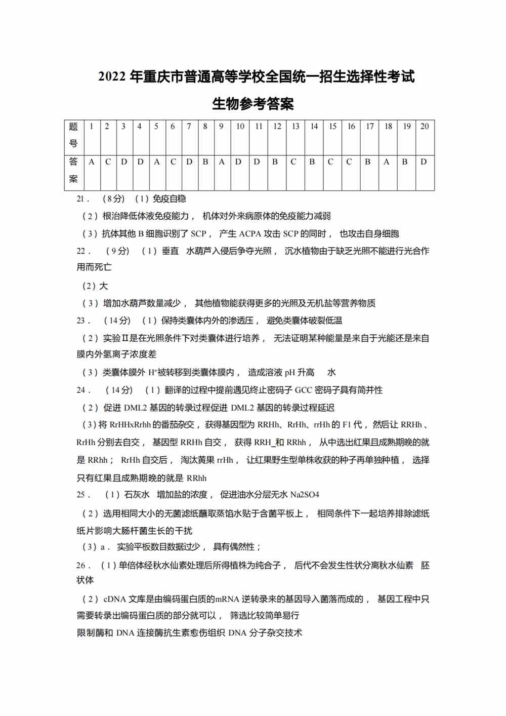 2022重庆卷生物答案