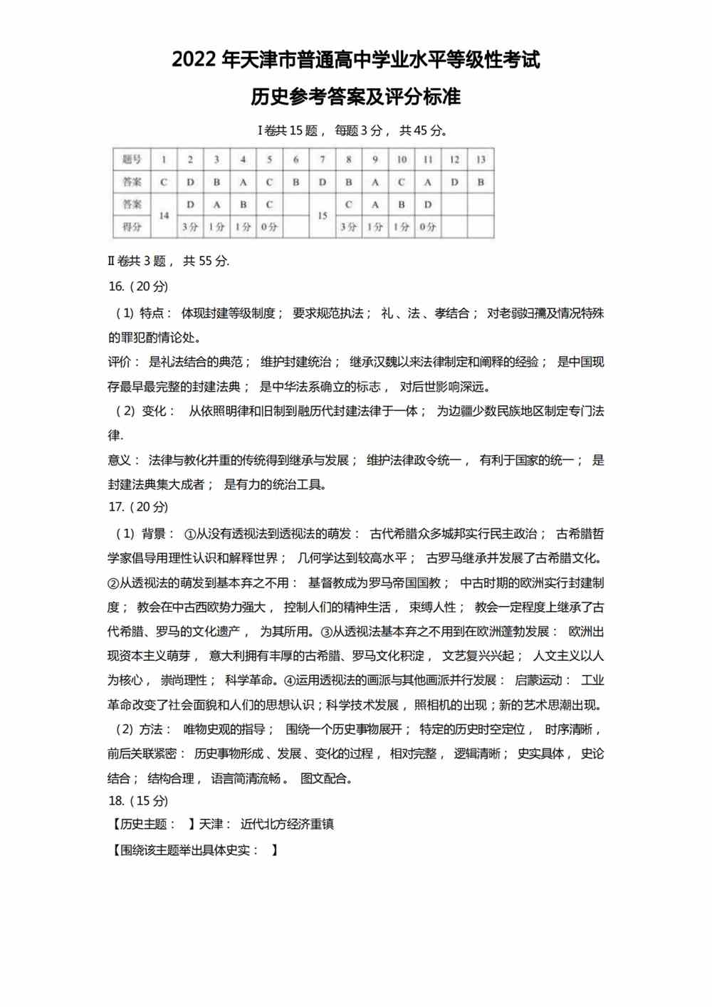 2022天津卷历史答案