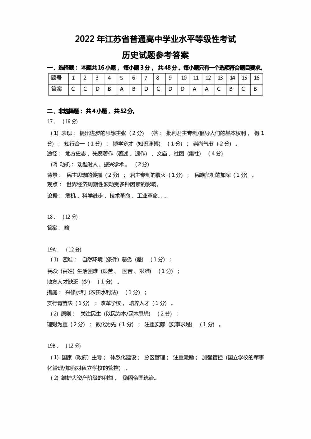 2022江苏卷历史答案